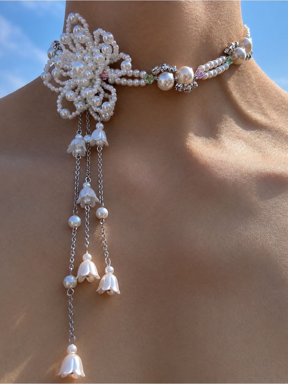 Best Selling Handmade Pearl Floral Choker Tassel Necklace- handmade